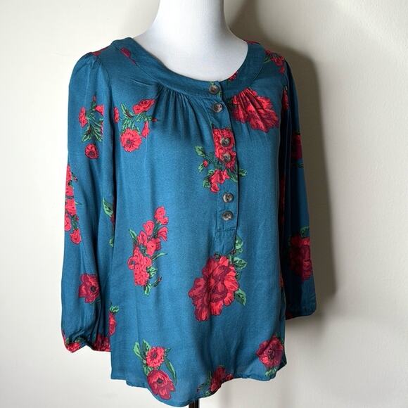 Mauve Anthropologie Kalas Teal Floral Henley - Picture 3 of 7